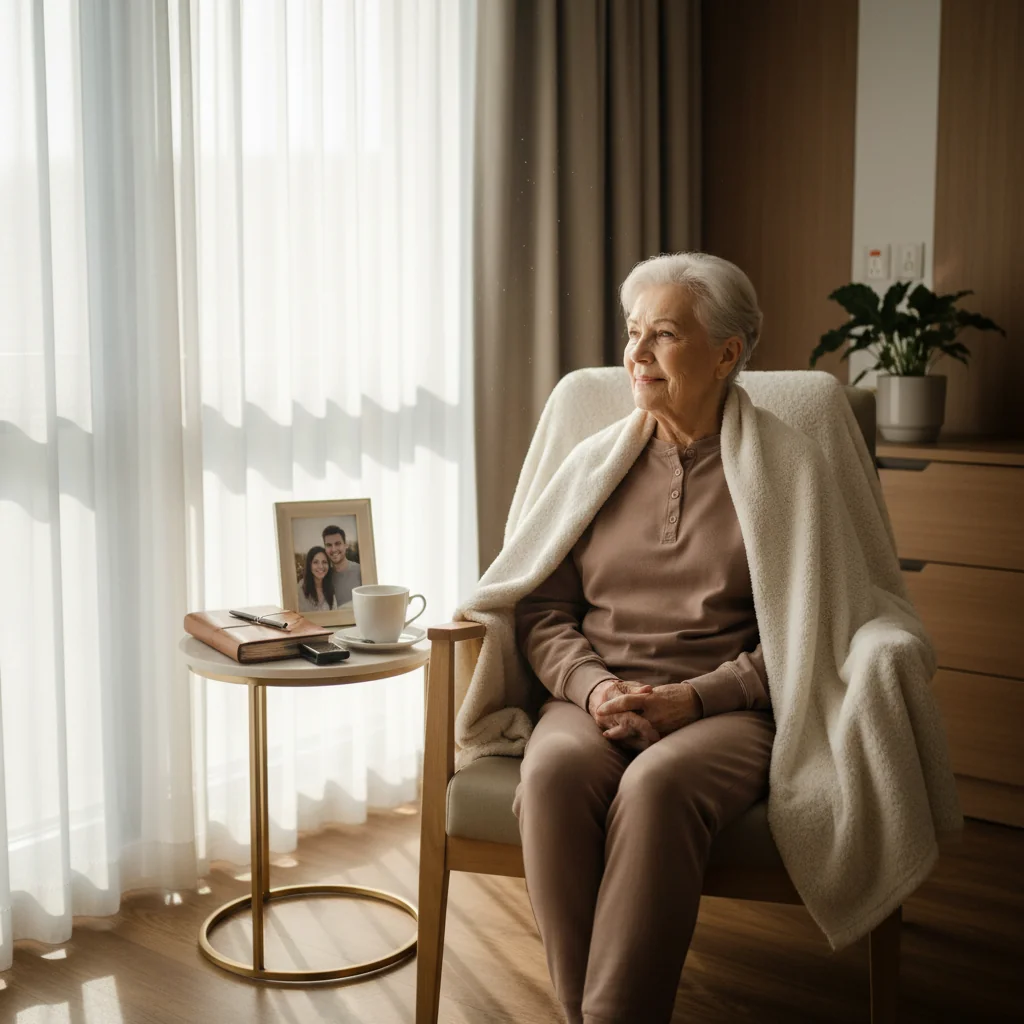 A serene photorealistic image of an elderly adult in a peaceful hospital room, gazing thoughtfully out a window with soft natural light, symbolizing the calm assurance and personal control provided by a patient advance directive in end-of-life planning.