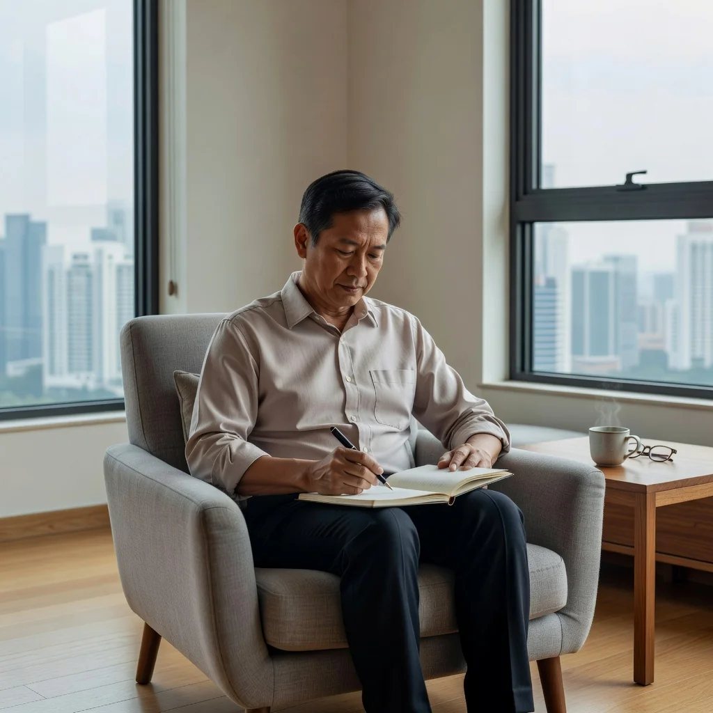 A serene photorealistic image of an elderly adult in a peaceful home setting, thoughtfully planning their future healthcare wishes with a notebook, symbolizing the purpose of an advance medical directive in Singapore. No children are present. The atmosphere is calm and reflective, focusing on personal empowerment and preparation for medical decisions.