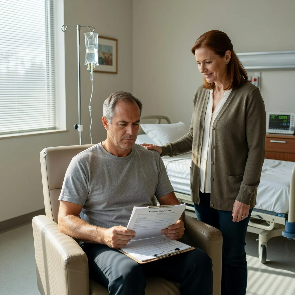 A photorealistic image of a middle-aged adult in a hospital room, looking thoughtfully at a clipboard with medical forms, symbolizing planning for future healthcare decisions. The scene conveys care, planning, and family support with an adult relative nearby, emphasizing the importance of advance healthcare directives. No children are present.