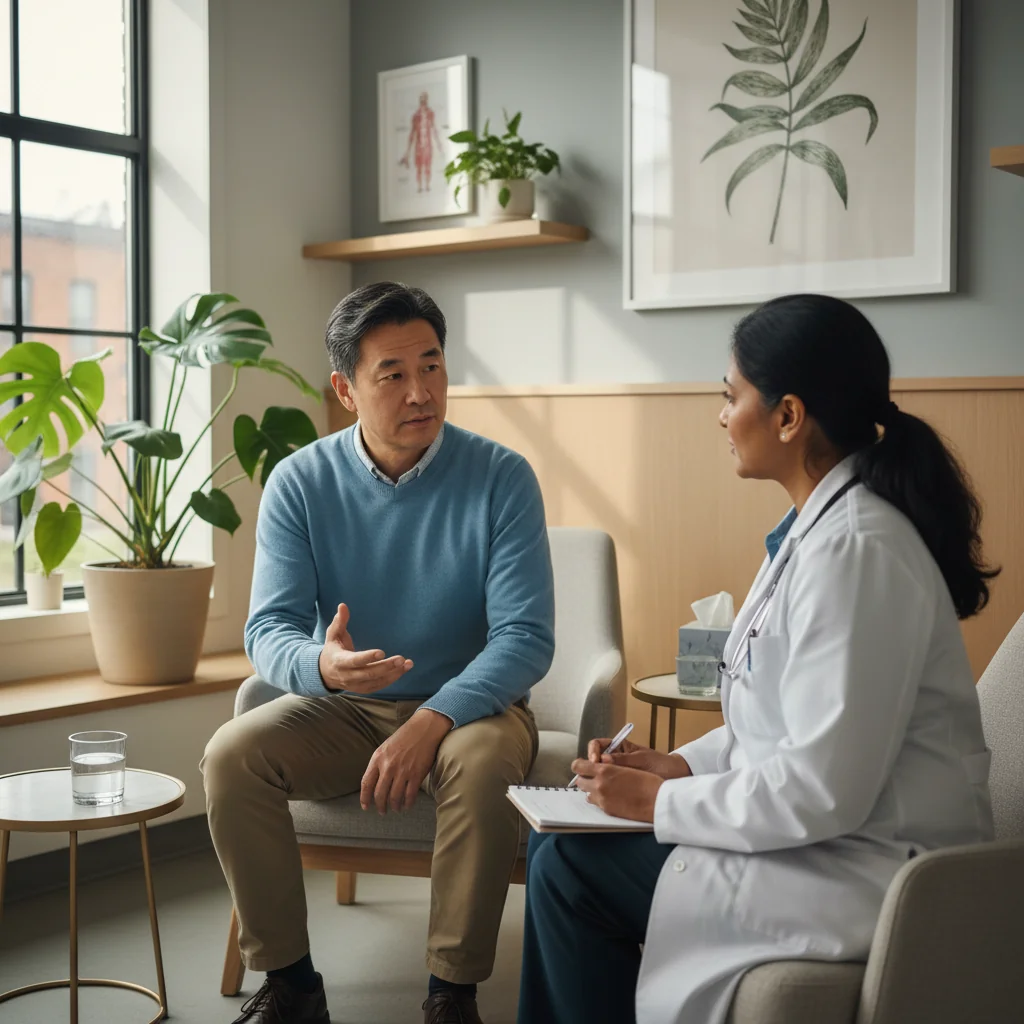 A photorealistic image of a middle-aged adult person thoughtfully discussing end-of-life medical preferences with a doctor in a calm, professional medical office setting, emphasizing empowerment and preparation for future healthcare decisions, with no legal documents visible.