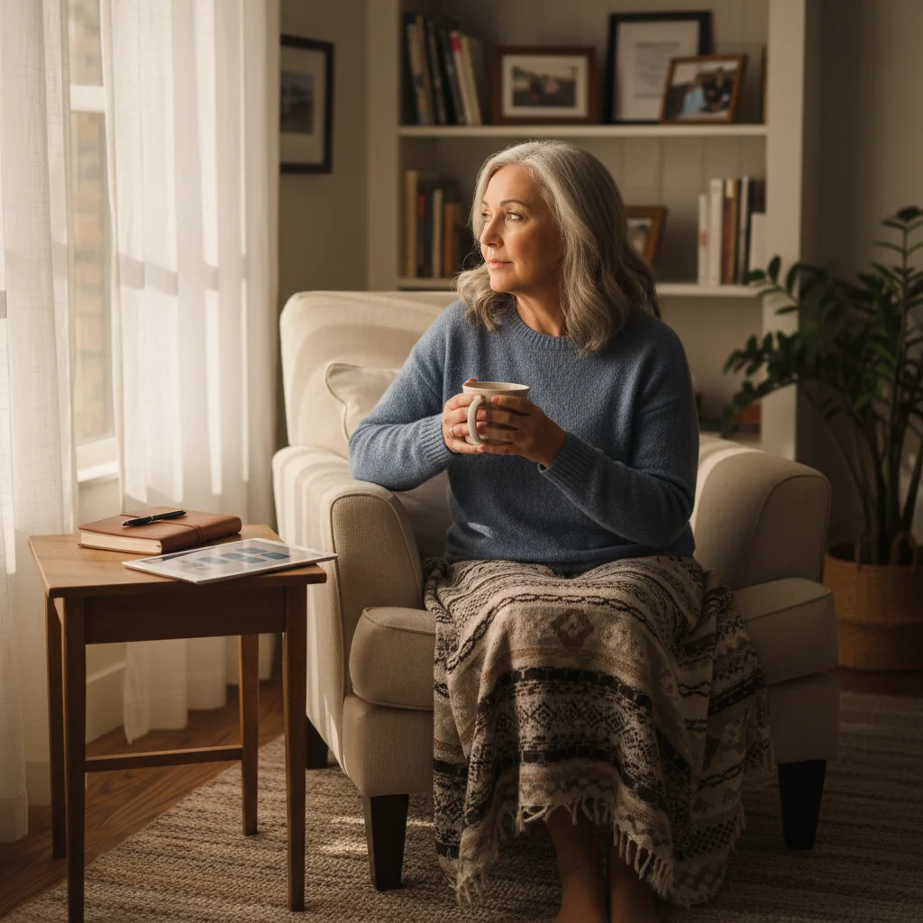 A photorealistic image of a thoughtful elderly adult in a peaceful home setting, contemplating their future healthcare wishes, symbolizing the purpose of advance healthcare directives without showing any documents or children.