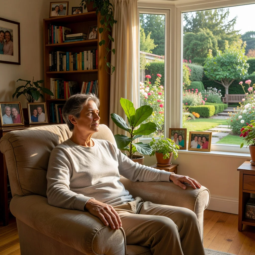 A serene photorealistic image of an elderly adult in a peaceful home setting, gently holding the hand of a family member, symbolizing care, planning, and the compassionate purpose of advance healthcare directives in ensuring one's medical wishes are respected.