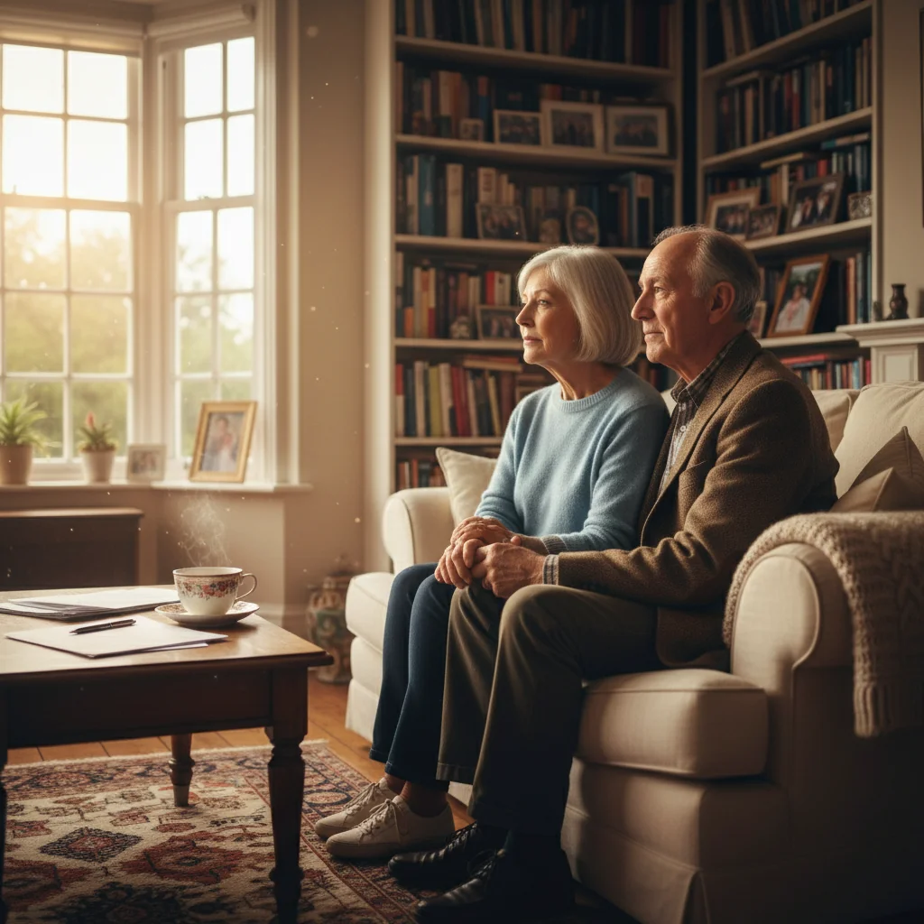 A photorealistic image depicting an elderly adult couple in a peaceful home setting, holding hands and looking thoughtfully into the distance, symbolizing planning for future healthcare decisions and advance care wishes in the UK, with warm natural light and no legal documents visible.