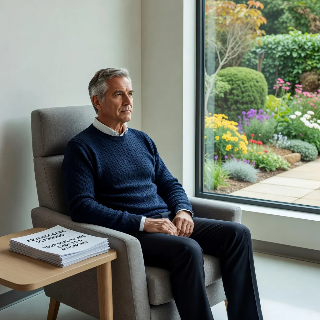 A serene photorealistic image of an elderly adult person in a peaceful hospital setting, symbolizing end-of-life care and personal choice in medical decisions, with soft lighting and a calm atmosphere, no children present.