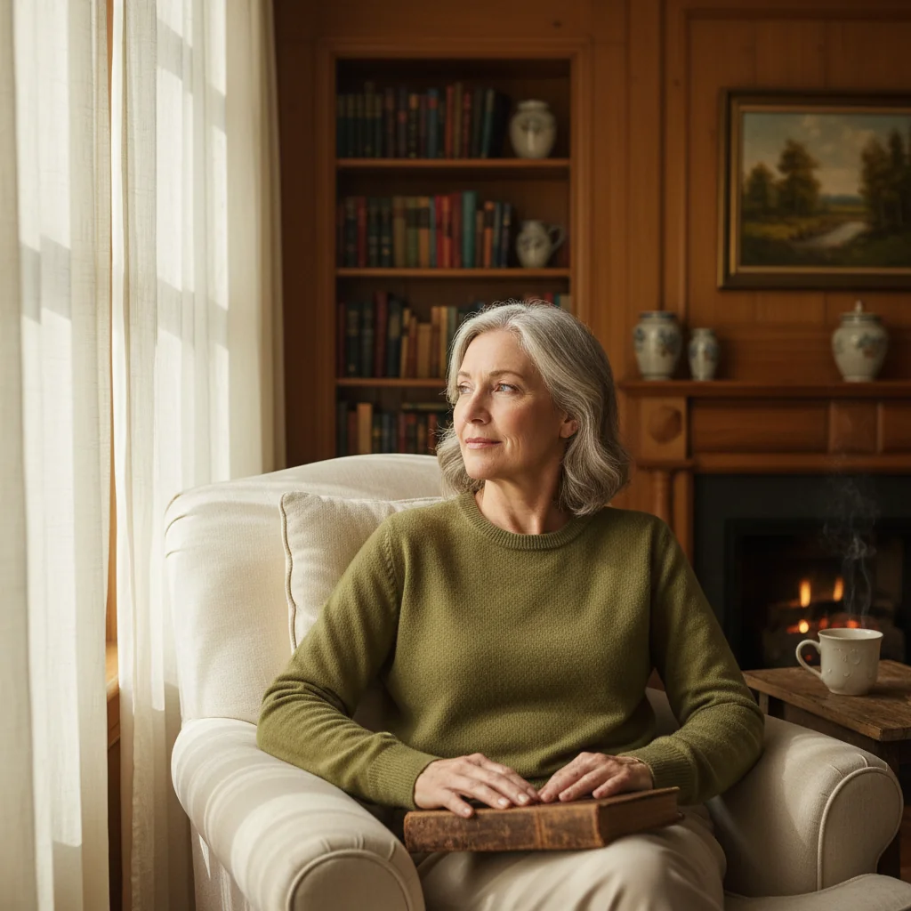 A serene photorealistic image of an elderly adult person thoughtfully gazing out a window in a peaceful home setting, symbolizing reflection on personal wishes and end-of-life planning, with soft natural light illuminating the scene to evoke calm and introspection.