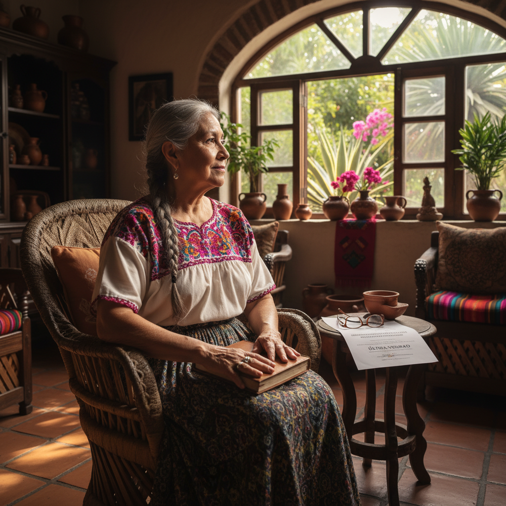 A serene photorealistic image of an elderly Mexican adult in a peaceful home setting, thoughtfully reflecting on life while looking out a window with warm sunlight, symbolizing personal autonomy and end-of-life planning without showing any documents.