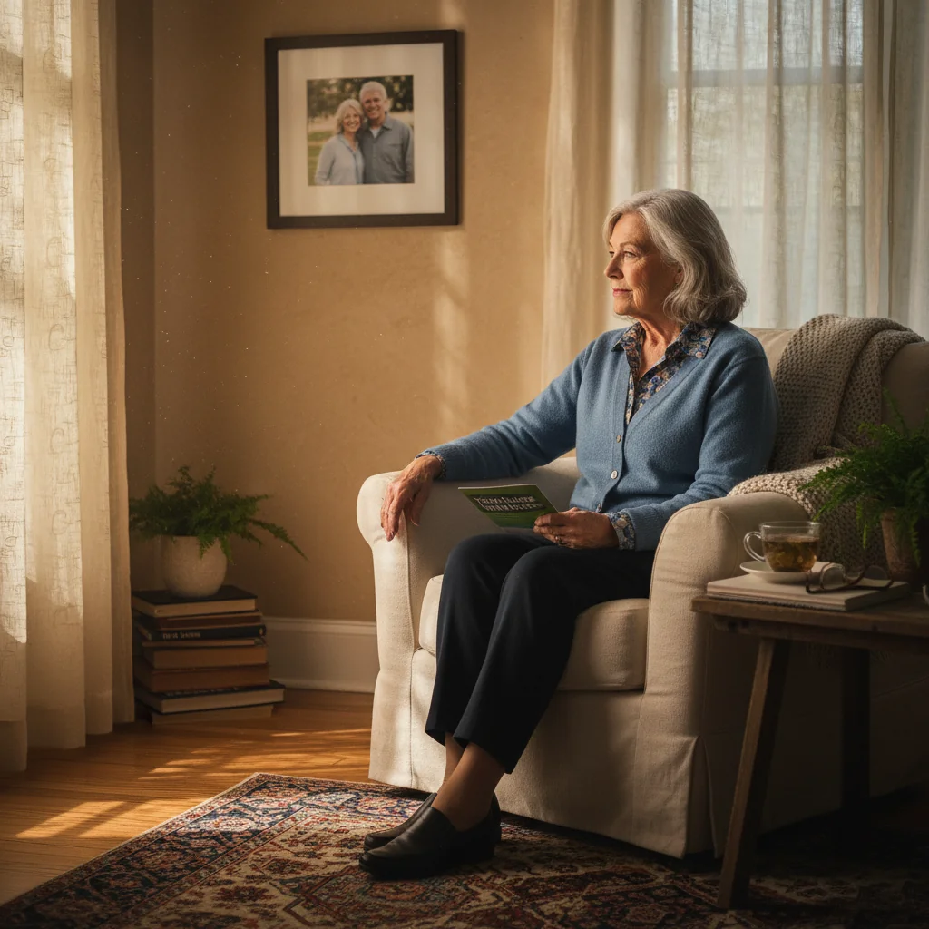 A serene photorealistic image of an elderly adult in a peaceful home setting, looking thoughtfully out a window with soft natural light, symbolizing reflection on life choices and advance care planning, evoking dignity and calm assurance for the future.