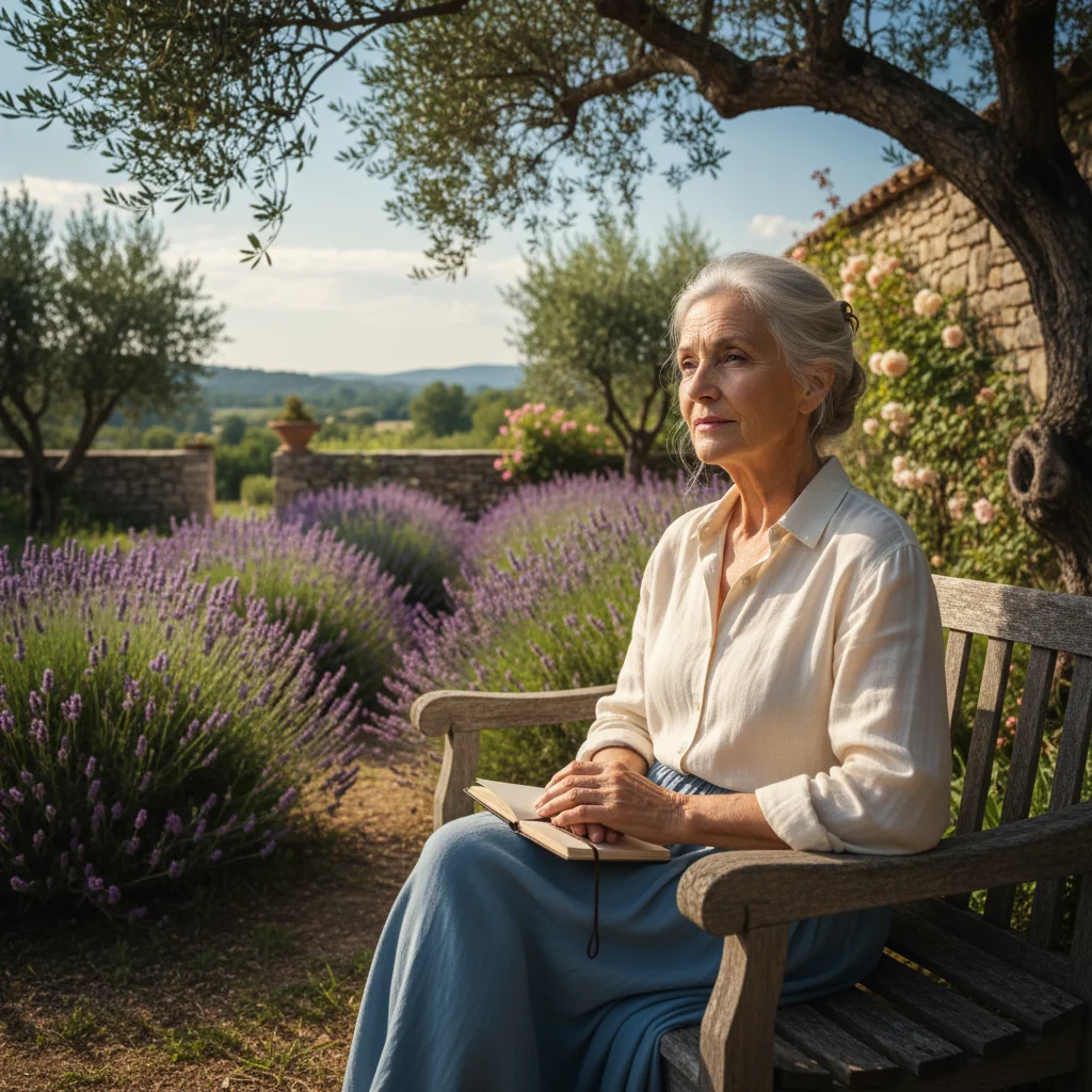 A serene photorealistic image of an elderly adult woman in her 70s sitting peacefully in a sunlit French garden, gazing thoughtfully into the distance, symbolizing contemplation of future healthcare wishes and end-of-life planning, with subtle French countryside elements like lavender fields in the background. No children or documents visible.