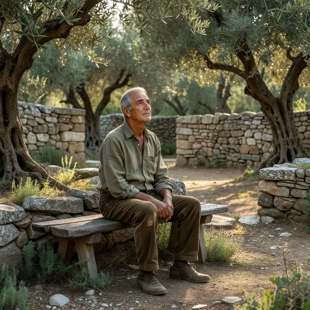 A photorealistic image of an elderly Italian man in a peaceful garden setting, thoughtfully reflecting on his future care preferences, symbolizing the purpose of advance healthcare directives without focusing on any documents.