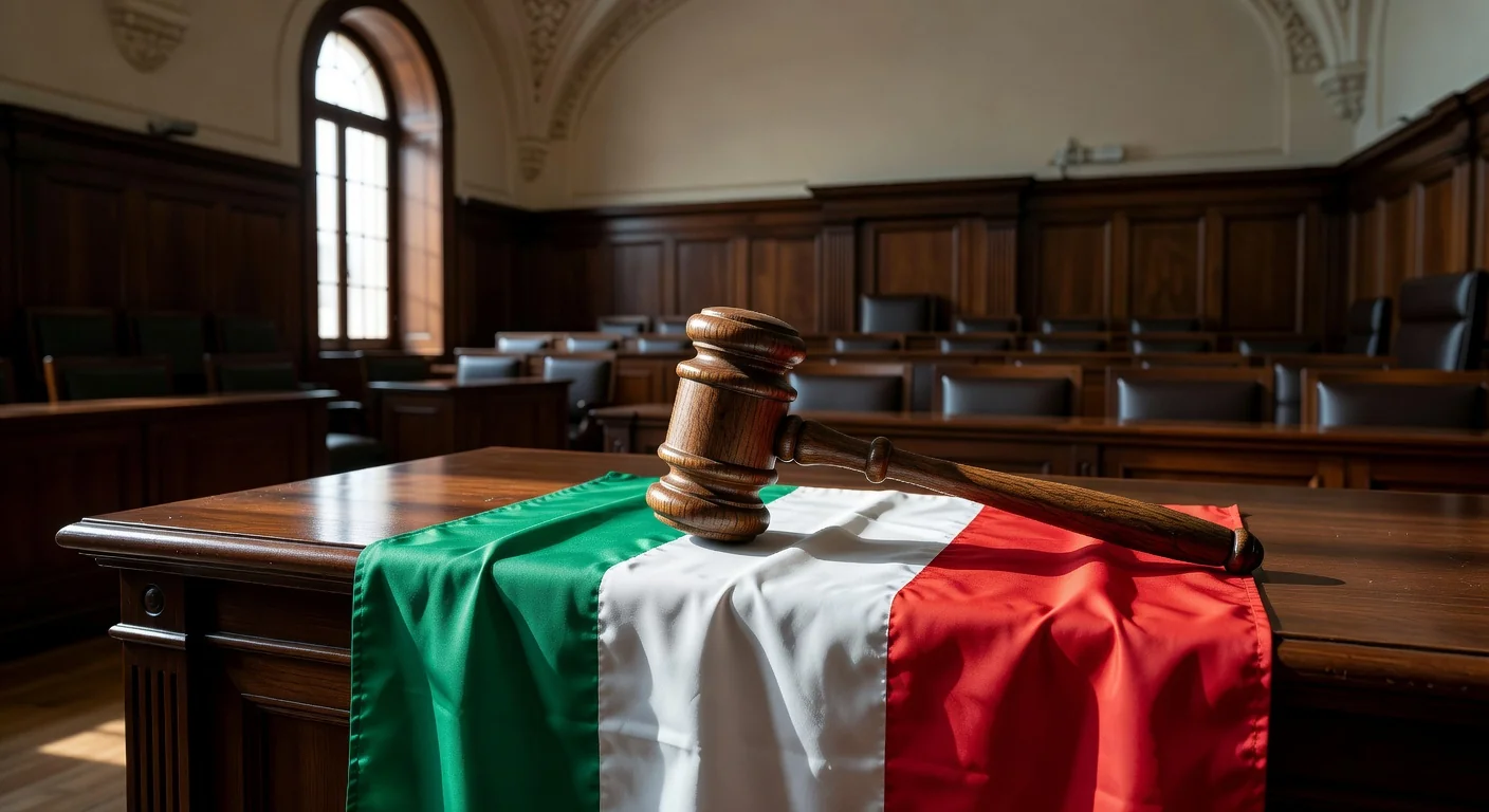 Gavel and Italian flag in courtroom