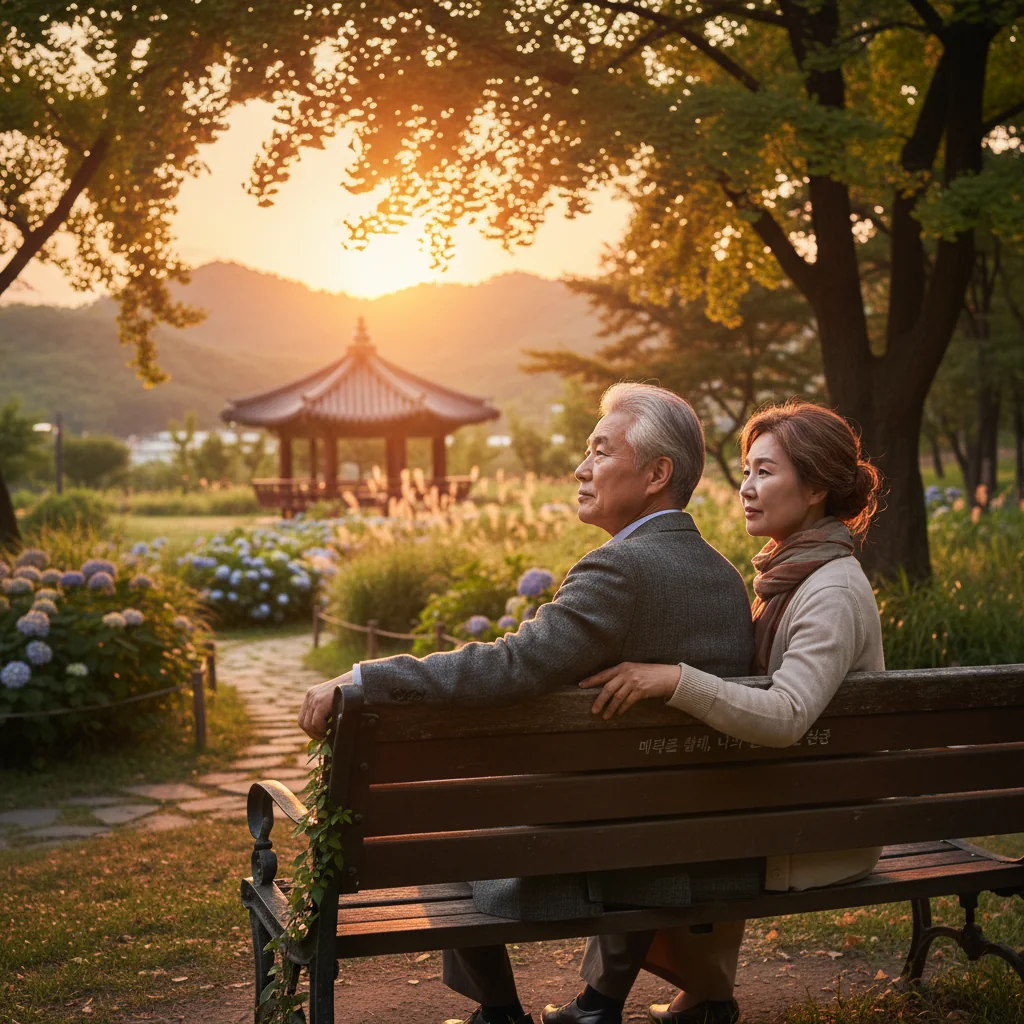 A serene photorealistic image of an elderly adult couple in a peaceful park, holding hands and looking thoughtfully into the distance, symbolizing thoughtful planning for future medical decisions in South Korea.