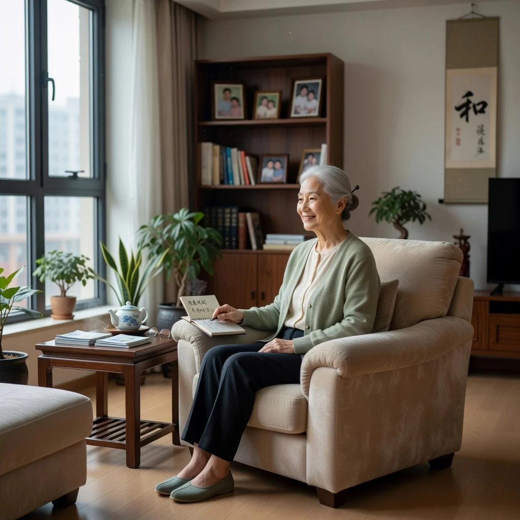 A serene photorealistic image of an elderly Chinese woman in a peaceful home setting, sitting comfortably with a thoughtful expression, symbolizing the preparation and peace of mind associated with advance medical directives.