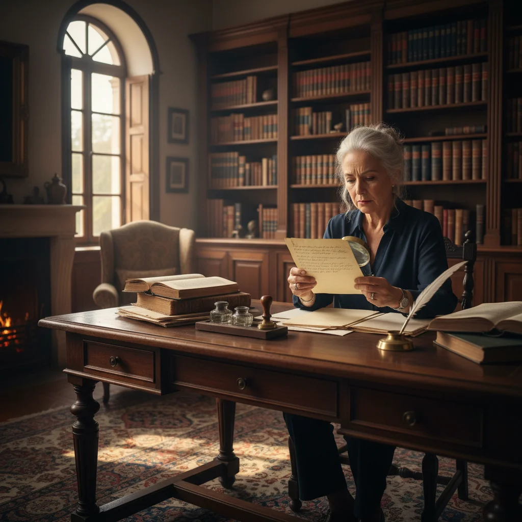 A photorealistic image of an elderly adult person thoughtfully reviewing a handwritten note or letter at a wooden desk in a cozy home office, with subtle elements like an open book on inheritance law in the background, symbolizing legacy planning and will modifications, no children present.