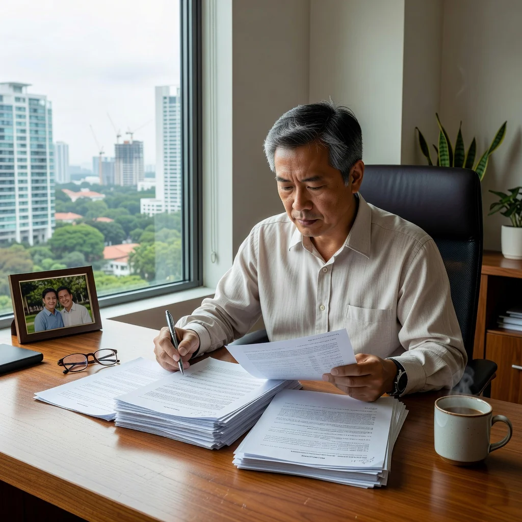 A photorealistic image of a middle-aged adult Singaporean person thoughtfully reviewing important papers at a modern home office desk, with a subtle nod to estate planning, such as a family photo in the background, conveying the purpose of updating a will via codicil. No children visible in the image.