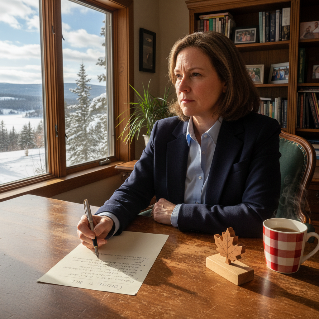 A photorealistic image of a thoughtful middle-aged adult sitting at a wooden desk in a cozy home office, reviewing a handwritten note or amendment to a personal document, symbolizing the process of updating a will with a codicil in a Canadian context, with subtle Canadian elements like a maple leaf in the background, no children present.