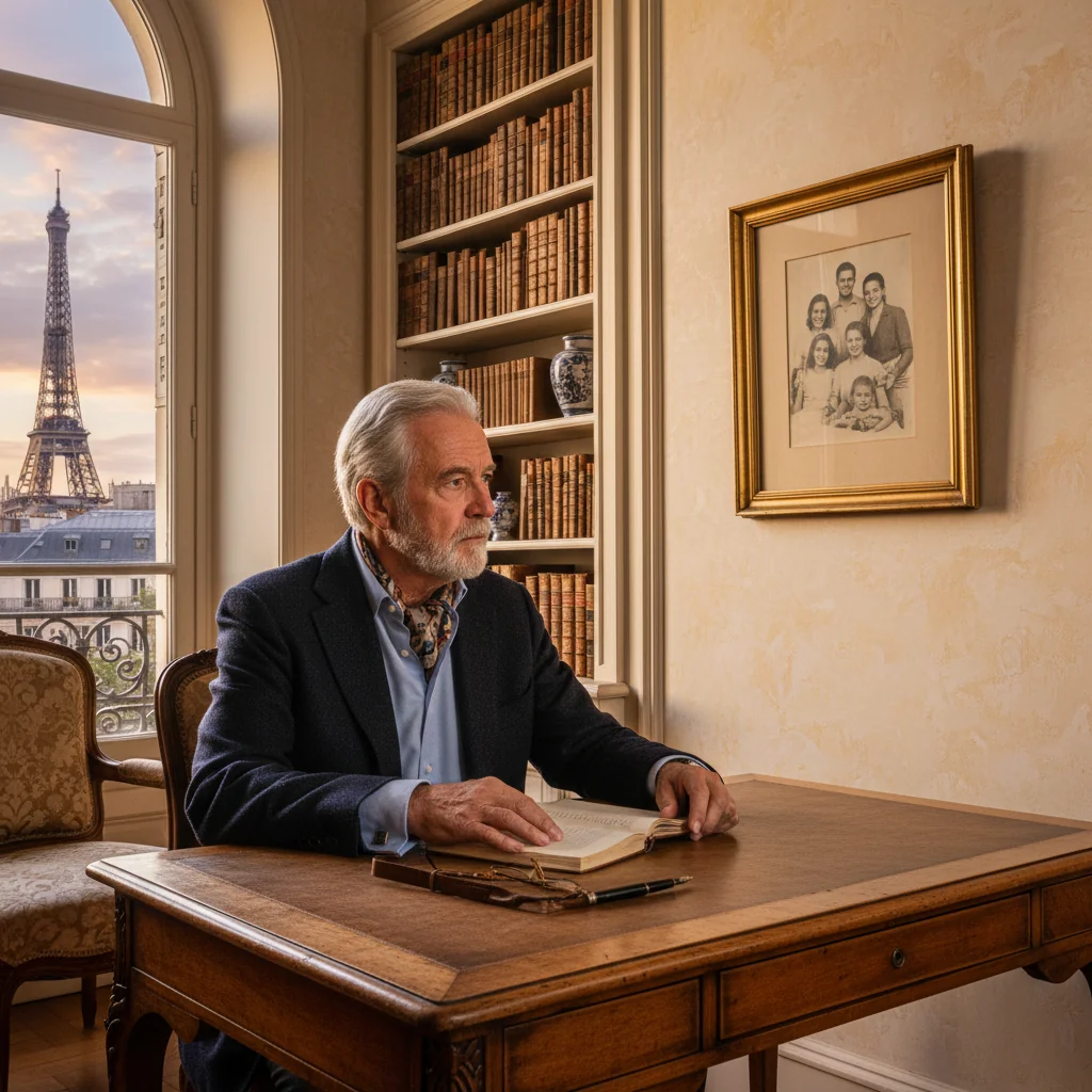 A photorealistic image symbolizing legacy and inheritance planning in French law, showing a thoughtful elderly adult sitting at a wooden desk in a cozy study, gazing contemplatively at a family portrait on the wall, with subtle French elements like a window overlooking the Eiffel Tower in the distance, evoking the purpose of amending a will without displaying any documents.