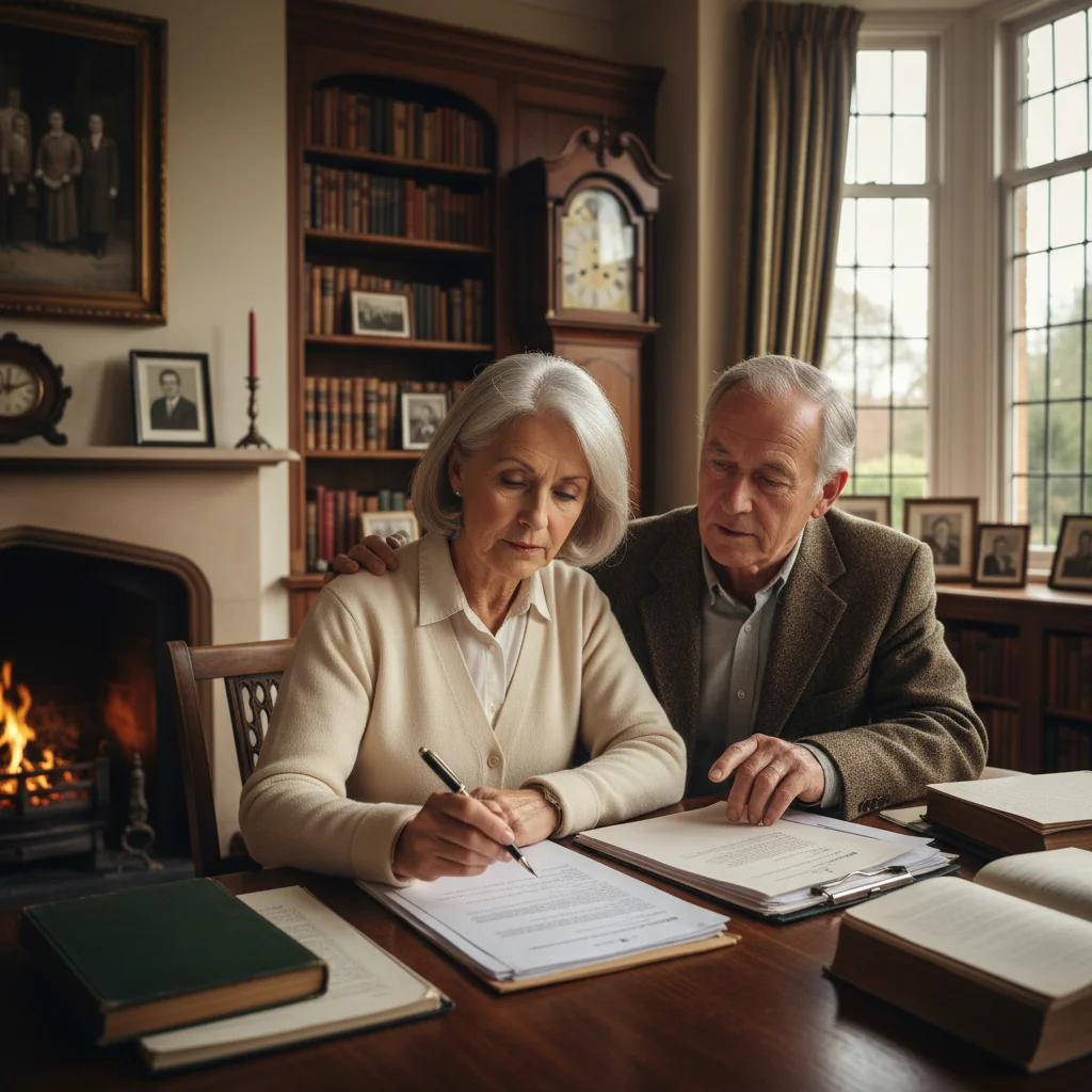 A photorealistic image of an elderly adult couple in a cozy living room, thoughtfully discussing and signing important family papers together, symbolizing legacy planning and updates to personal affairs in the UK context.