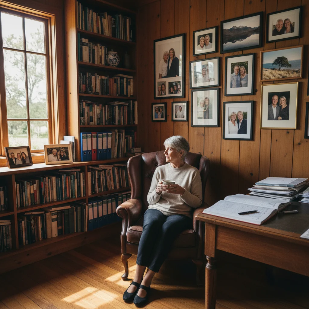 A photorealistic image of an elderly adult New Zealander thoughtfully reviewing family photos and legacy items in a cozy home office, symbolizing estate planning and the purpose of updating a will without showing any documents or children.