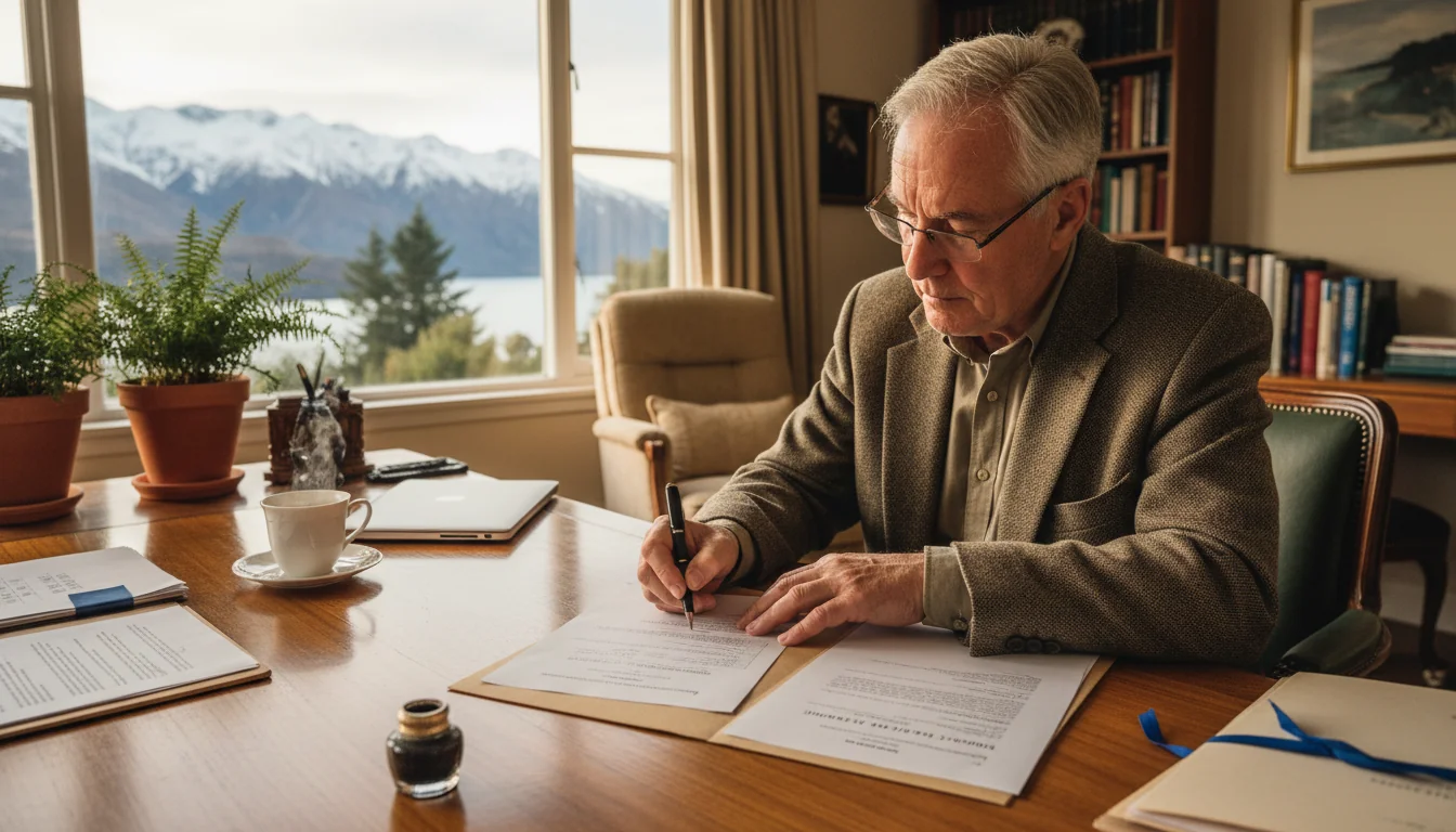 Elderly person signing legal document