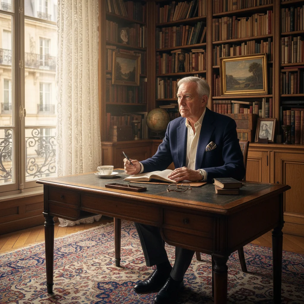 A photorealistic image of an elderly French person in a thoughtful pose, sitting at a wooden desk in a cozy study with soft natural light filtering through a window overlooking a Parisian street, symbolizing the contemplation of legacy and inheritance planning without showing any legal documents.