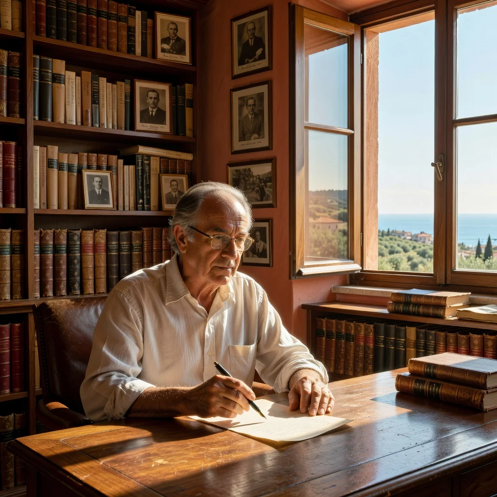 A photorealistic image of an elderly Italian man in a thoughtful pose, sitting at a wooden desk in a sunlit study with bookshelves in the background, symbolizing legacy planning and inheritance without showing any legal documents. The scene evokes wisdom, family heritage, and calm reflection on the future, with warm lighting and realistic details. No children are present in the image.