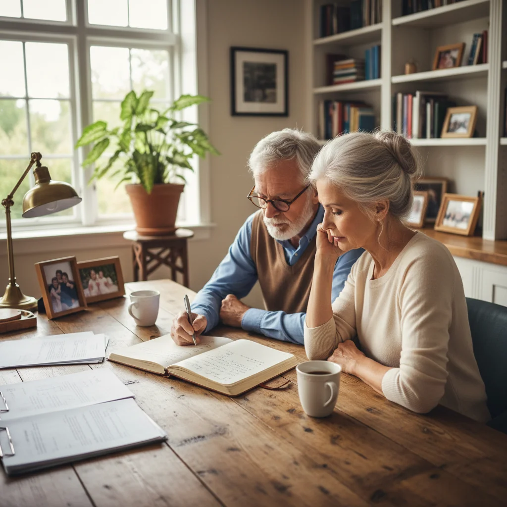 A photorealistic image of an elderly adult couple in a cozy home study, thoughtfully discussing and planning their estate and legacy with a warm, contemplative atmosphere, symbolizing the purpose of updating a will through a codicil.
