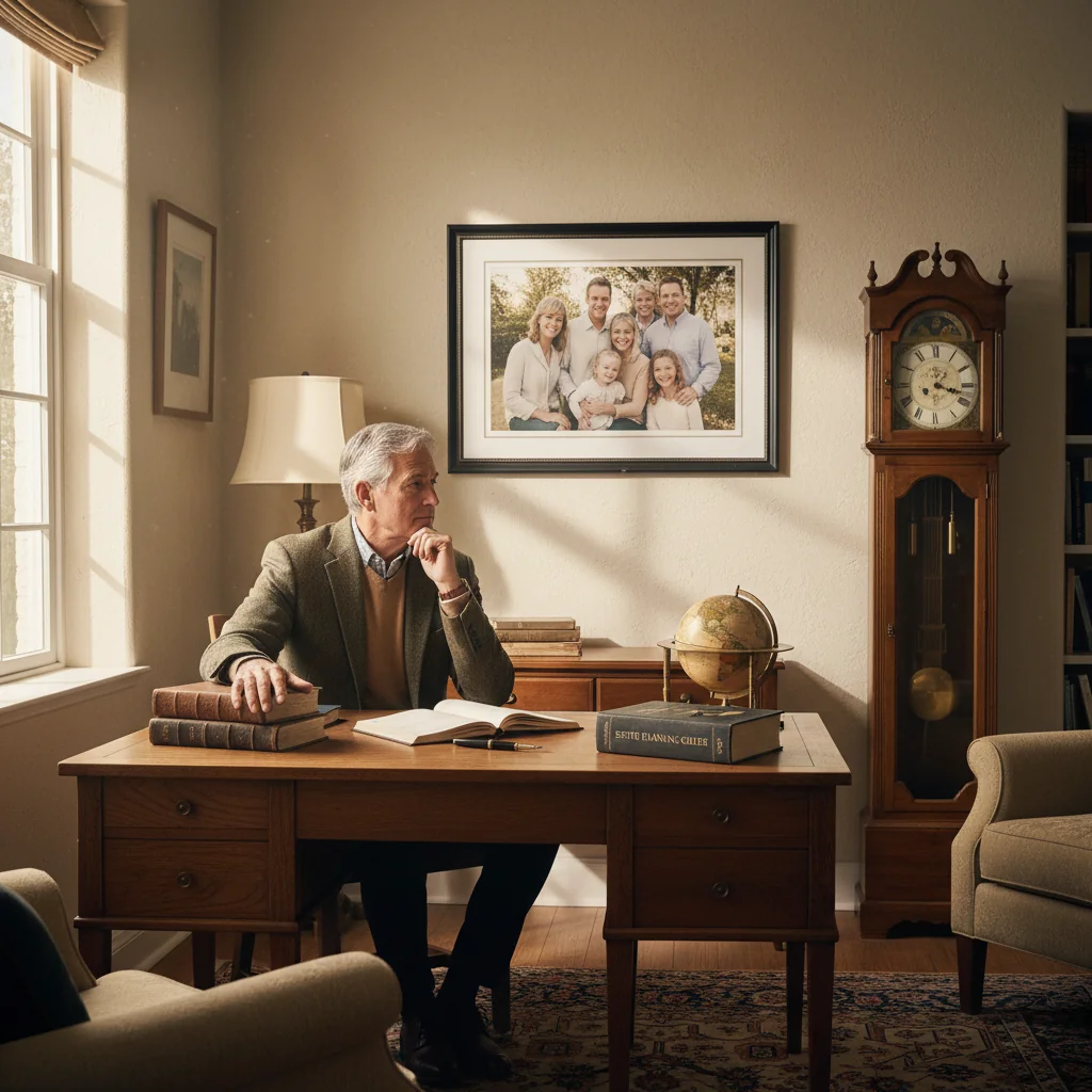A photorealistic image of a thoughtful adult senior citizen sitting at a wooden desk in a cozy home office, holding a pen over a notebook, surrounded by family photos and personal mementos, symbolizing reflection on legacy and estate planning without any legal documents visible.