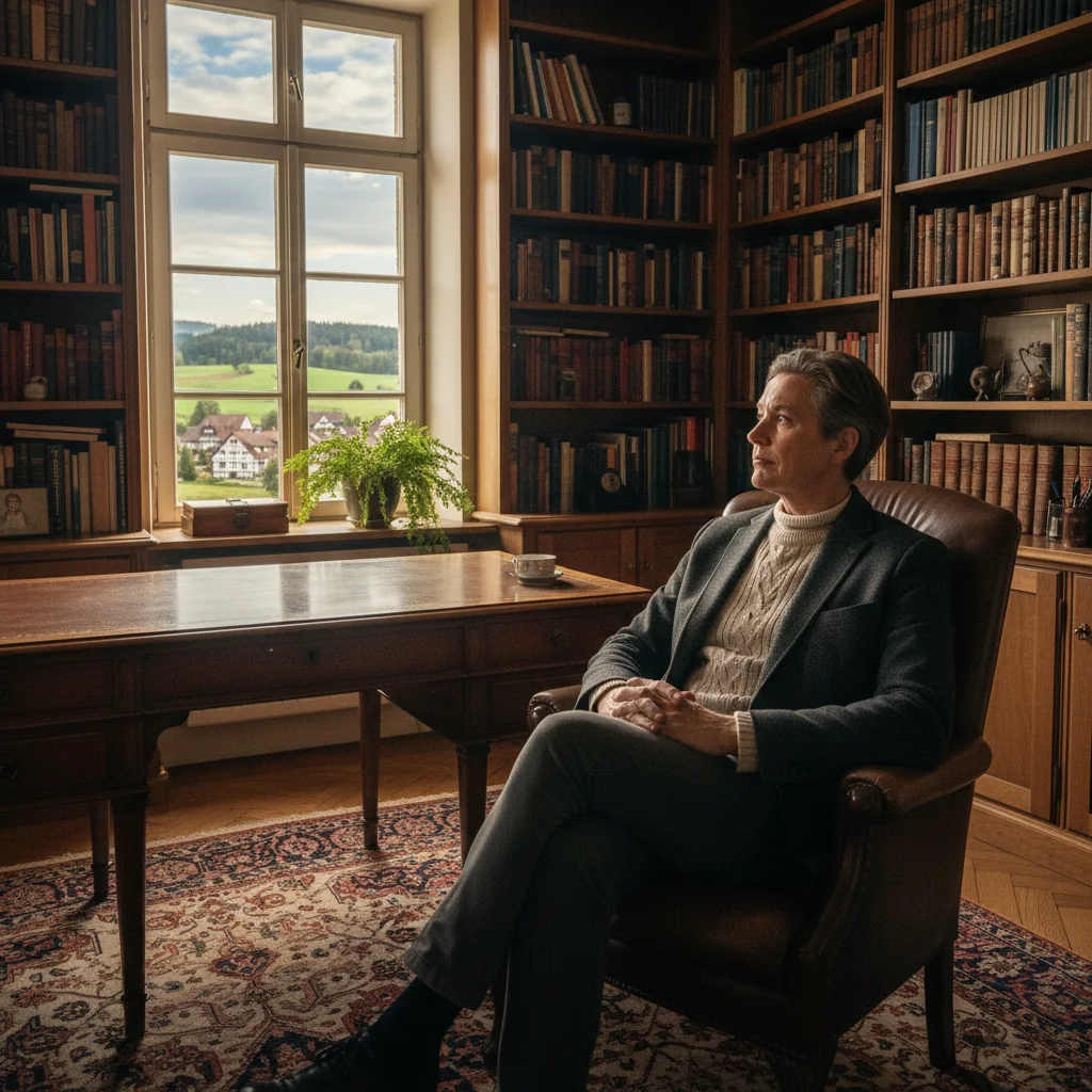 A photorealistic image of a mature adult individual in a thoughtful pose, sitting at a wooden desk in a cozy home study, gazing out a window at a serene landscape, symbolizing reflection on legacy and estate planning in Germany, with subtle German cultural elements like a flag or architecture in the background, no documents visible.