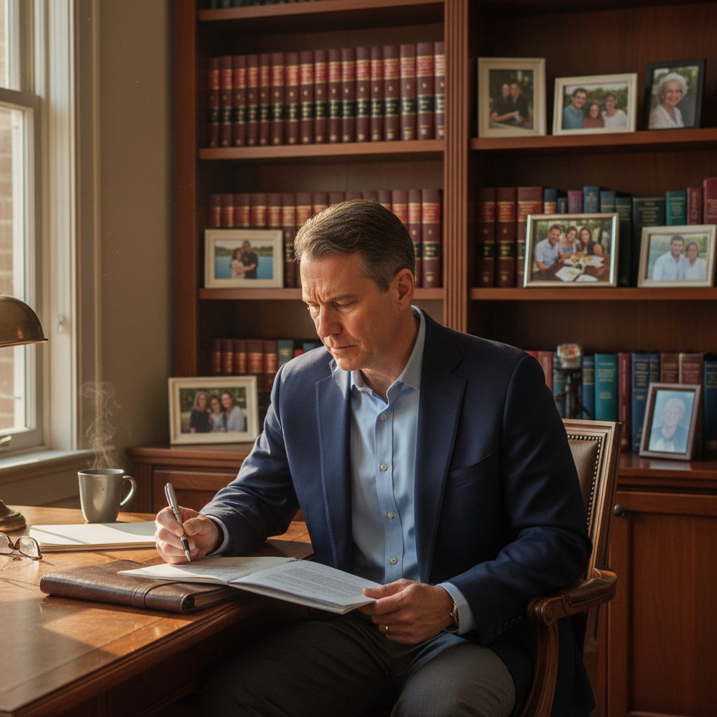 A photorealistic image of a thoughtful middle-aged adult sitting at a wooden desk in a cozy home office, reviewing papers with a calm expression, symbolizing the process of updating one's will through a codicil. No children are present. The scene evokes security and legacy planning for adults.