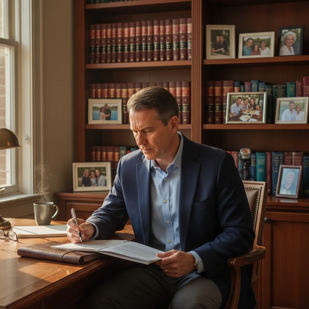 A photorealistic image of a thoughtful middle-aged adult sitting at a wooden desk in a cozy home office, reviewing papers with a calm expression, symbolizing the process of updating one's will through a codicil. No children are present. The scene evokes security and legacy planning for adults.