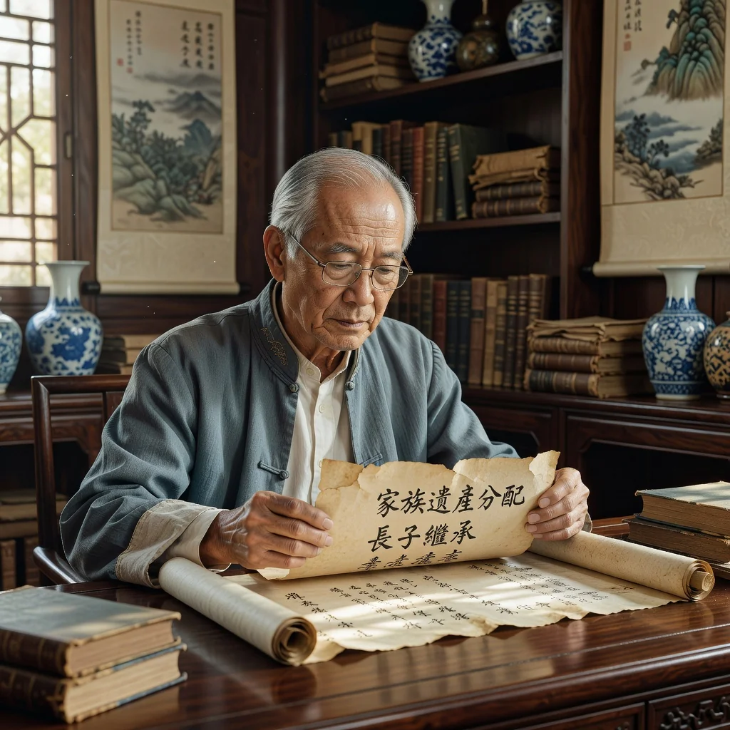A photorealistic image of an elderly Chinese man in a traditional study room, thoughtfully reviewing a handwritten will on aged paper, surrounded by family heirlooms like antique vases and scrolls, symbolizing legacy and inheritance in Chinese culture, with warm natural light filtering through a window.