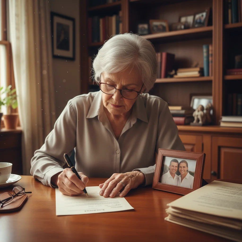 A photorealistic image of an elderly adult person thoughtfully reviewing and signing important legal papers at a wooden desk in a home office, symbolizing the amendment of a will through a codicil, with warm natural light filtering through a window, no children present.