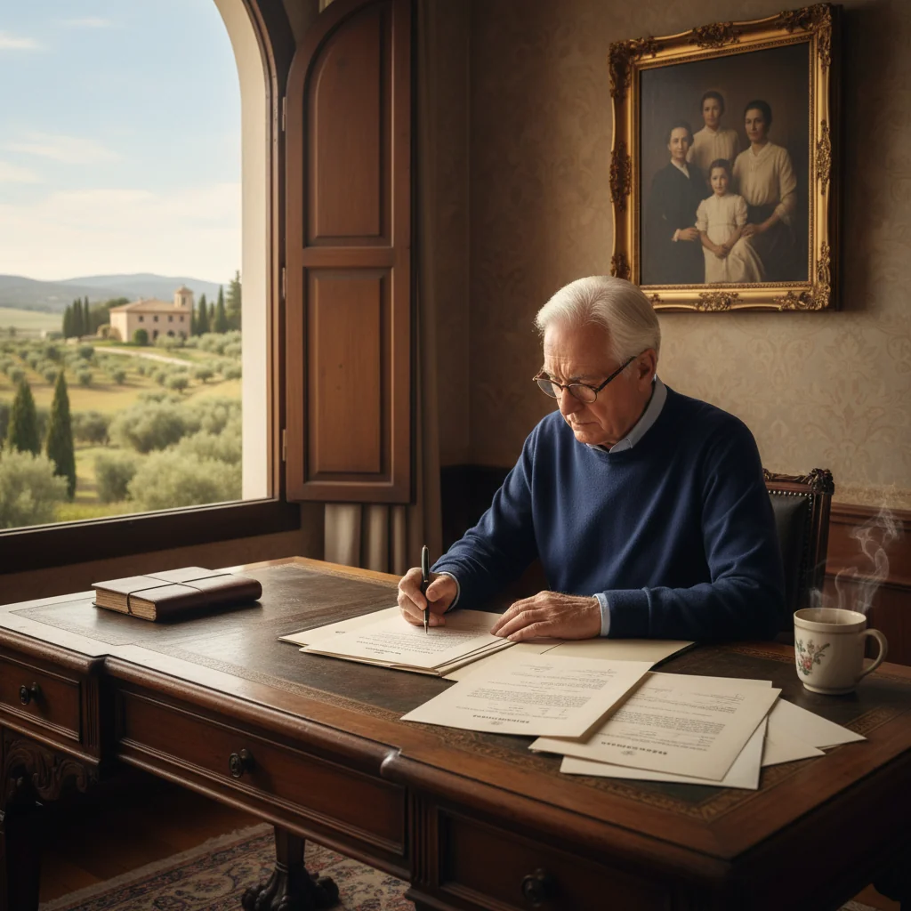 A photorealistic image of an elderly adult person thoughtfully reviewing and signing important family estate papers at a wooden desk in a cozy home study, surrounded by subtle symbols of legacy like a family photo frame and a window view of a serene garden, evoking the purpose of updating a will through a codicil under Spanish law, no children present.