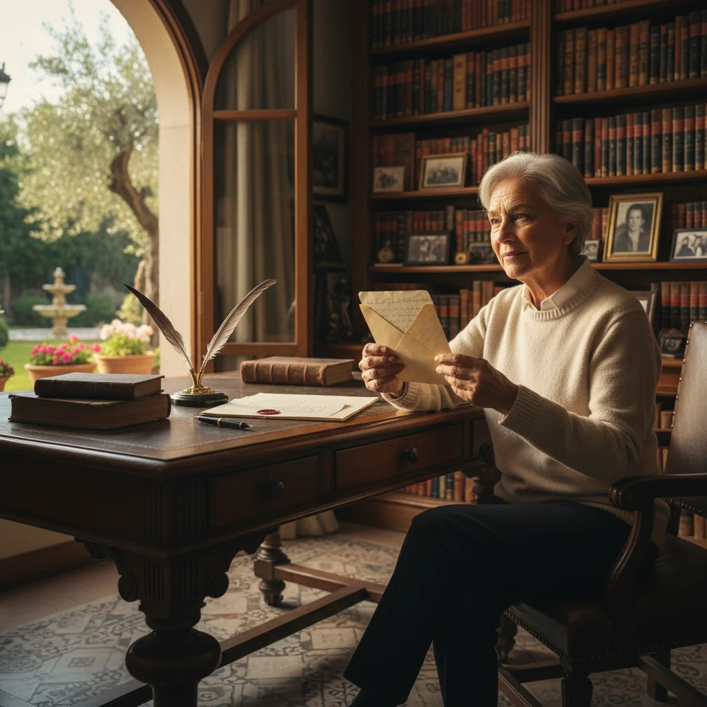A photorealistic image of a thoughtful elderly adult sitting at a wooden desk in a cozy home study, holding a handwritten letter in an envelope, symbolizing the personal amendment of a will through a codicilo, with warm natural light filtering through a window, conveying a sense of legacy and legal importance in Spain.