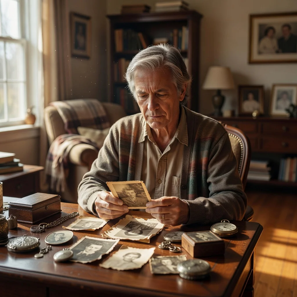 A photorealistic image of an elderly adult person thoughtfully reviewing family photos and heirlooms on a wooden table in a cozy home office, symbolizing legacy planning and inheritance decisions without directly showing legal documents.