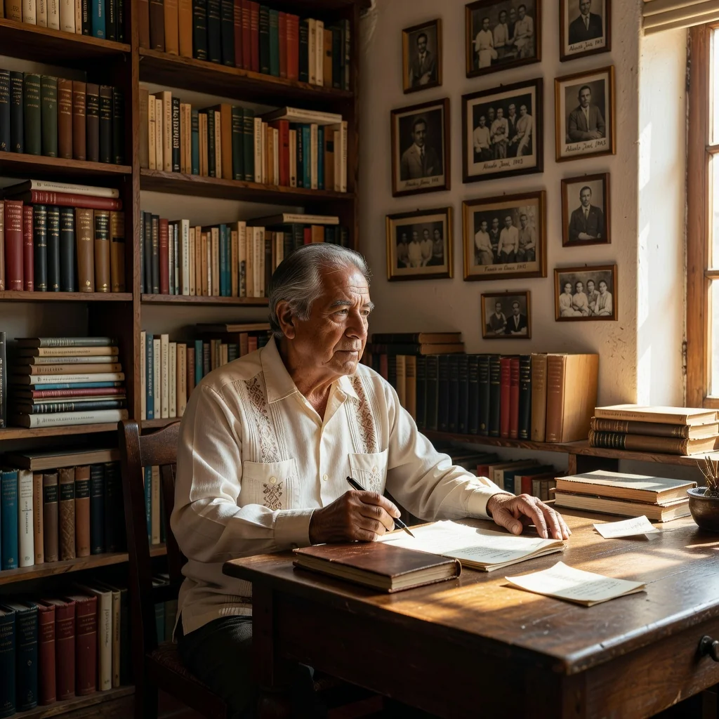 A photorealistic image of an elderly adult Mexican man in thoughtful contemplation, sitting at a wooden desk in a cozy home office with warm lighting, holding a pen as if amending his will, symbolizing the purpose of a codicil in estate planning, no children present, no legal documents visible.