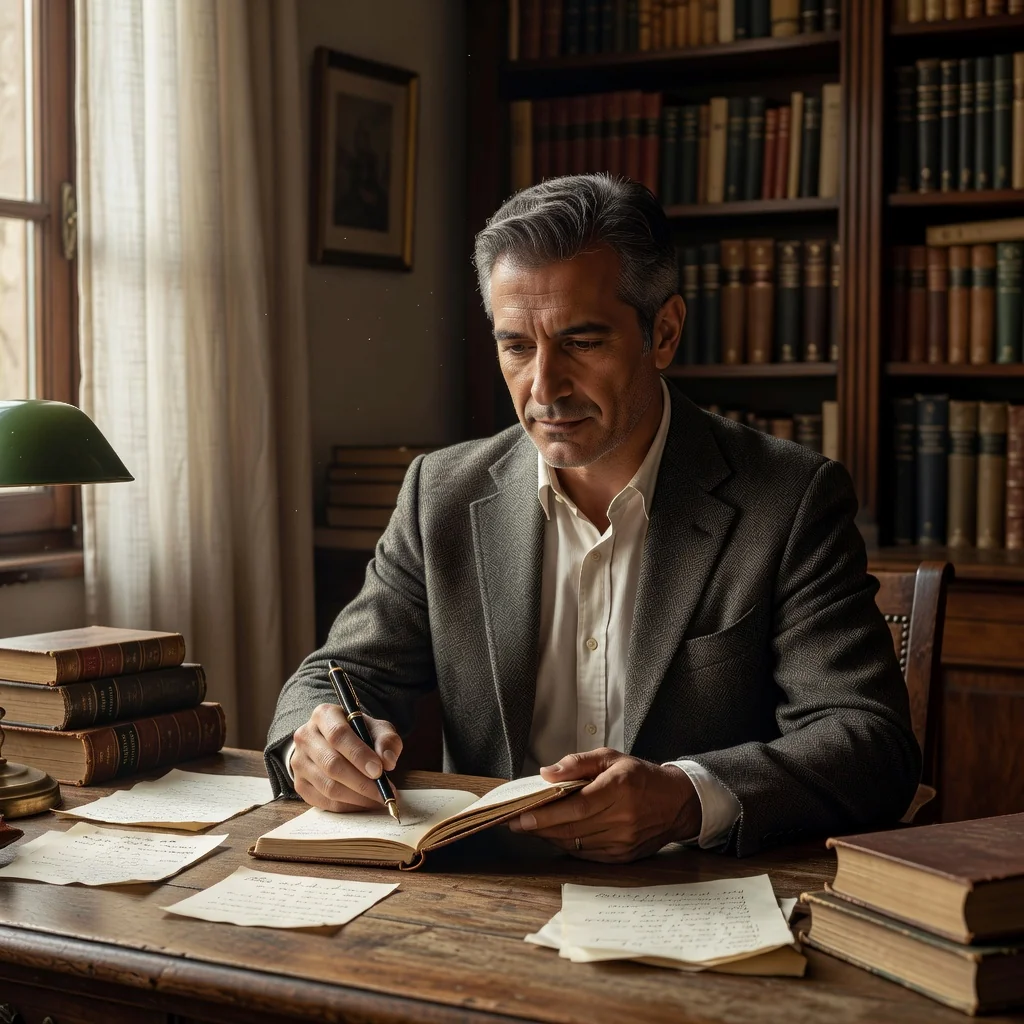 A photorealistic image of an elderly Italian person thoughtfully writing or reviewing personal notes in a cozy home study, symbolizing the act of updating one's will through a codicil, with warm lighting and authentic details, no children or legal documents visible.