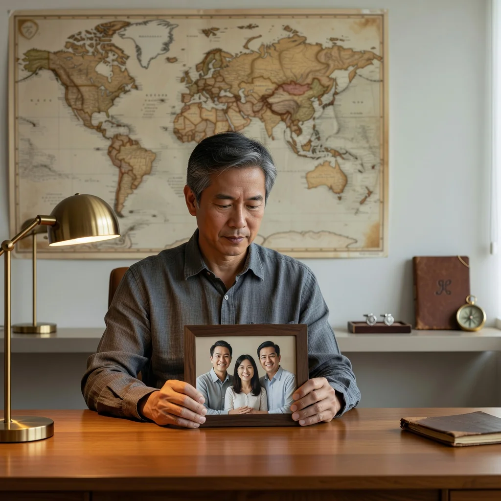 A photorealistic image of a middle-aged adult Singaporean individual thoughtfully reviewing family photos and mementos on a wooden table in a cozy home office, symbolizing legacy planning and inheritance without directly showing legal documents.