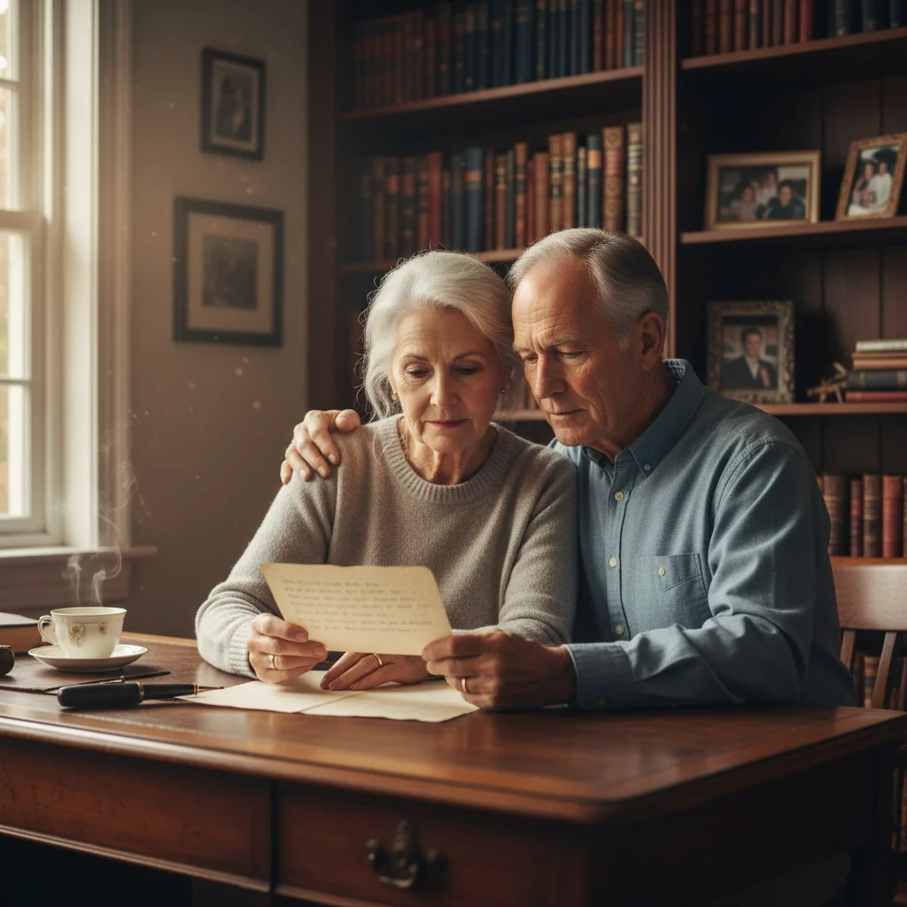 A photorealistic image of an elderly adult couple sitting together at a wooden desk in a cozy home study, thoughtfully reviewing a handwritten note or amendment to a personal document, symbolizing the careful planning of legacy and family future, with warm natural light filtering through a window, no children present.
