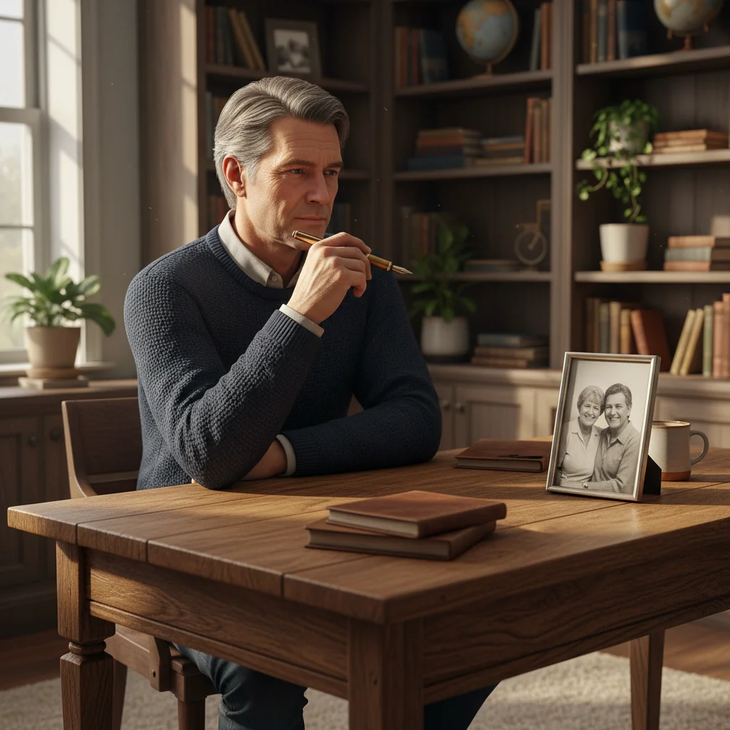 A photorealistic image of a thoughtful middle-aged adult sitting at a wooden desk in a home office, holding a pen and looking contemplatively at a family photo frame on the desk, symbolizing legacy planning and updates to personal affairs without showing any documents or children.