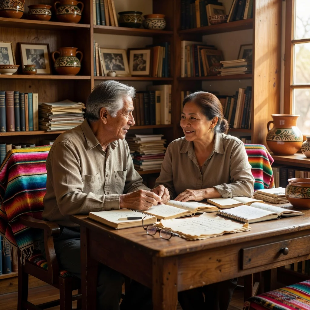 A photorealistic image representing legacy and inheritance planning in Mexico, featuring an elderly Mexican couple in their 60s sitting together in a cozy home office, thoughtfully discussing family matters with a sense of care and foresight, surrounded by subtle Mexican cultural elements like a serape blanket or pottery, evoking the purpose of a codicil without showing any documents.