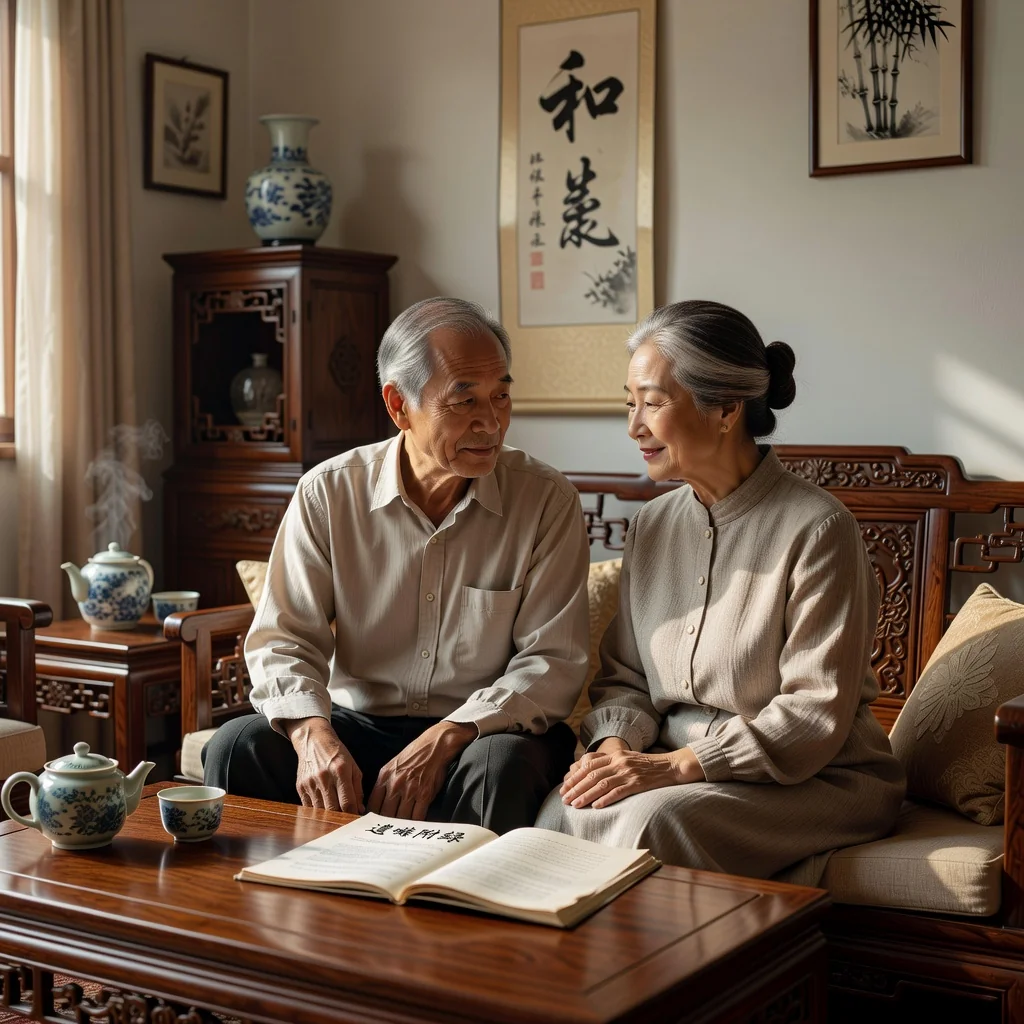 A photorealistic image of an elderly Chinese couple in a serene traditional home, thoughtfully discussing their future plans and legacy, symbolizing the purpose of drafting a will appendix in China, evoking themes of family security and thoughtful estate planning.