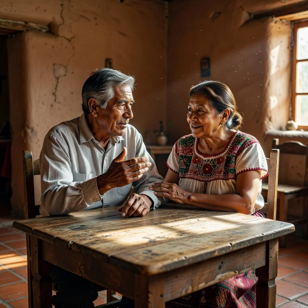 A photorealistic image of an elderly Mexican man and woman sitting together at a wooden table in a cozy home office, thoughtfully discussing family matters with a sense of legacy and inheritance, warm lighting, no documents visible, no children present.