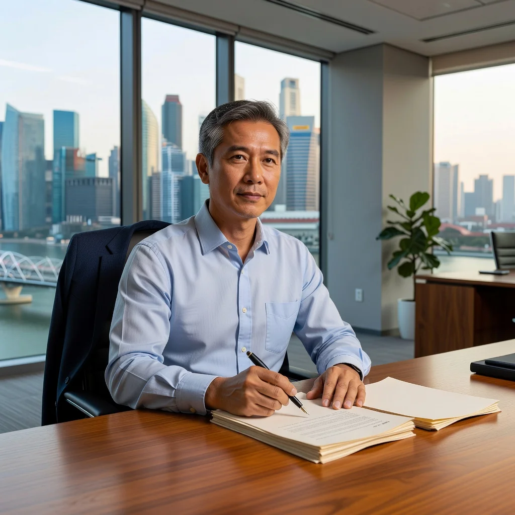 A photorealistic image of a mature adult in a professional setting, thoughtfully reviewing and amending personal documents at a desk, symbolizing the process of updating a will with a codicil, conveying security and planning for the future without showing any legal papers directly.