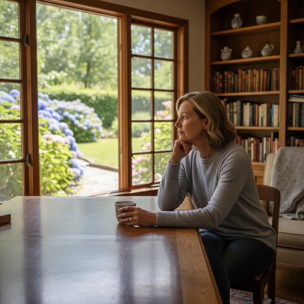 A photorealistic image of a thoughtful middle-aged adult sitting at a wooden desk in a cozy home study, gazing out a window at a serene garden, symbolizing reflection and careful planning in updating one's will without showing any documents or children.