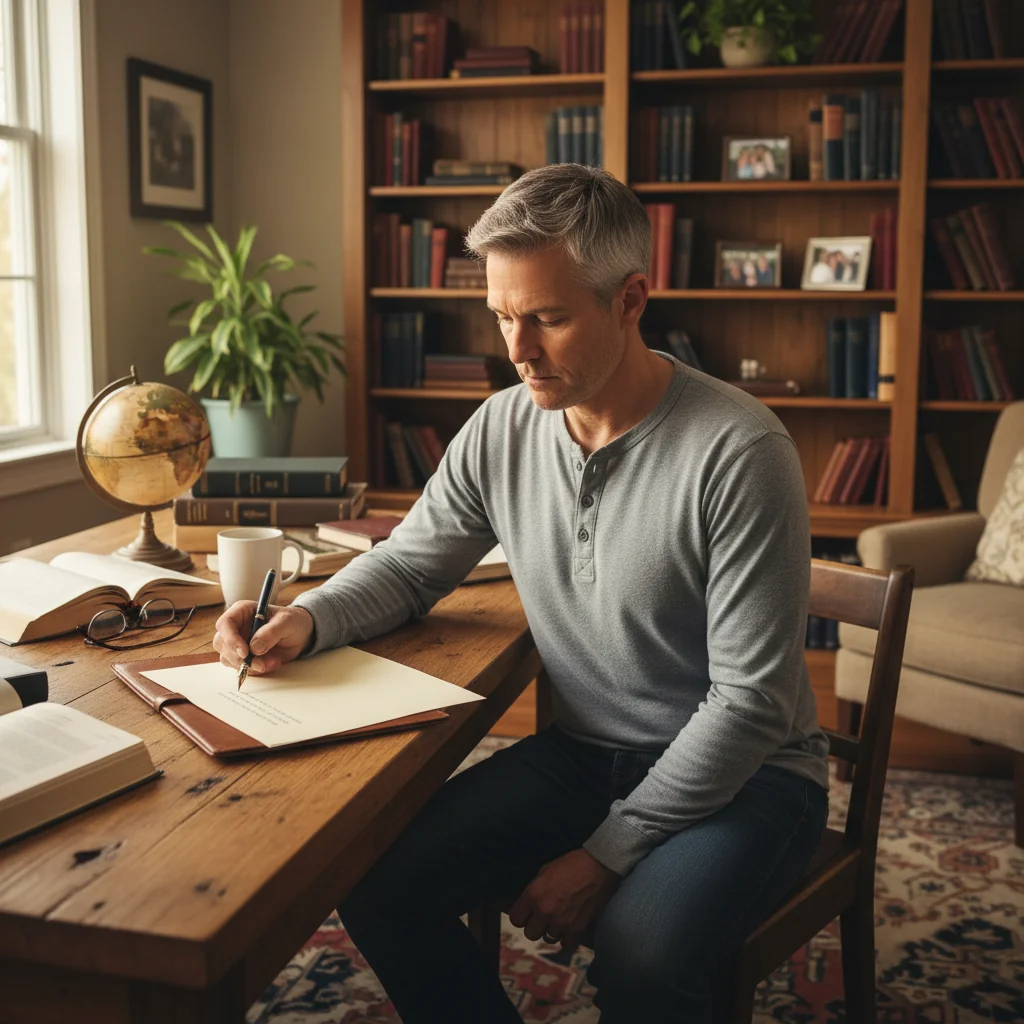 A photorealistic image of a middle-aged adult sitting thoughtfully at a wooden desk in a home office, reviewing a handwritten note with a pen in hand, symbolizing the process of updating personal wishes through a codicil, with warm natural light filtering through a window, no children or documents visible.