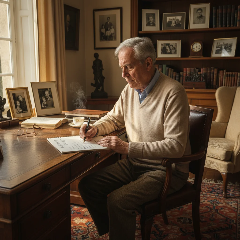 A photorealistic image of an elderly French person thoughtfully writing their last will and testament in a cozy home study, surrounded by family photos and heirlooms, symbolizing legacy and inheritance planning, no children present, no legal documents visible.