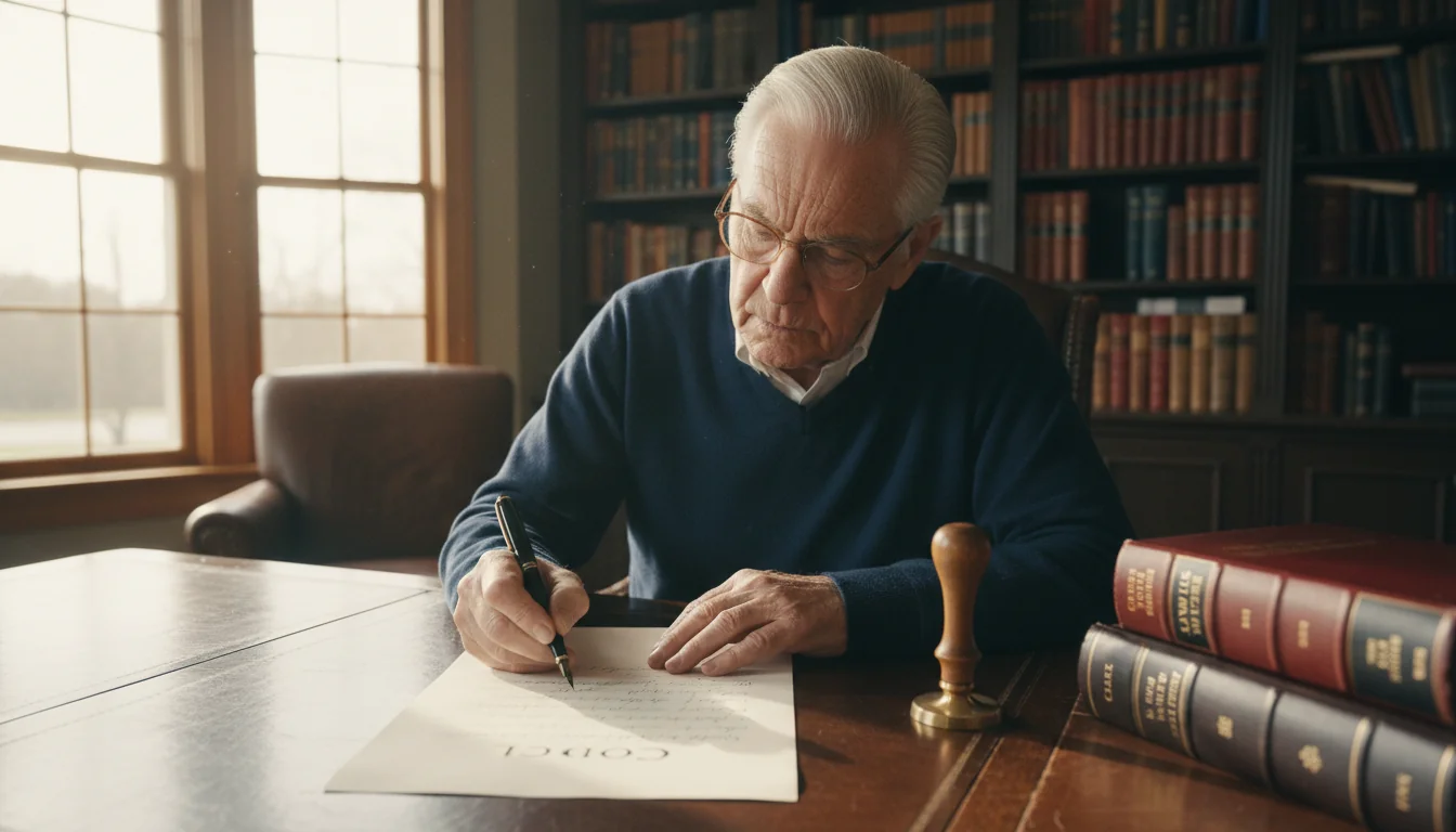 Elderly man signing legal document