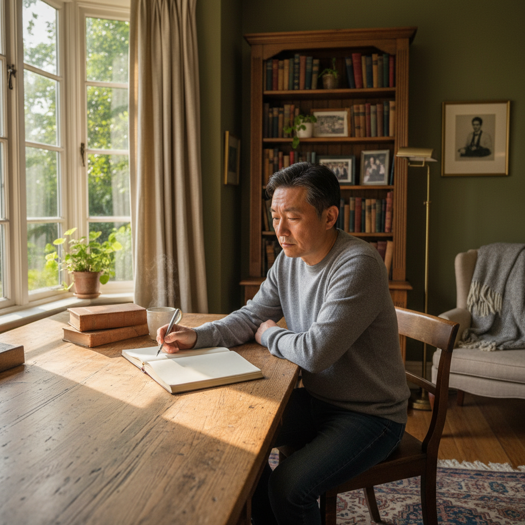 A photorealistic image of a thoughtful middle-aged adult sitting at a wooden desk in a cozy home office, holding a pen and gazing contemplatively at a blank notebook, symbolizing reflection on life plans and legacy without showing any documents or children.