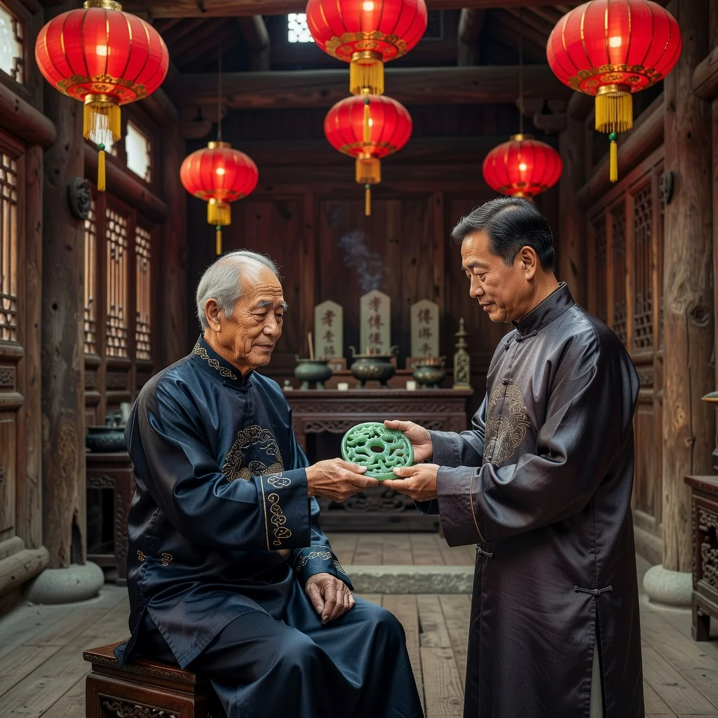A photorealistic image symbolizing legacy and inheritance in a Chinese cultural context, featuring an elderly Chinese man thoughtfully passing a traditional jade heirloom to a middle-aged adult family member in a serene ancestral home, evoking themes of will and family succession without depicting any legal documents.